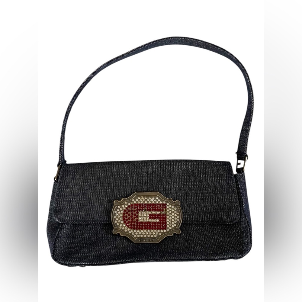 Y2K Guess Denim Shoulder Bag w/ Rhinestone G Buckle – Minor Spots